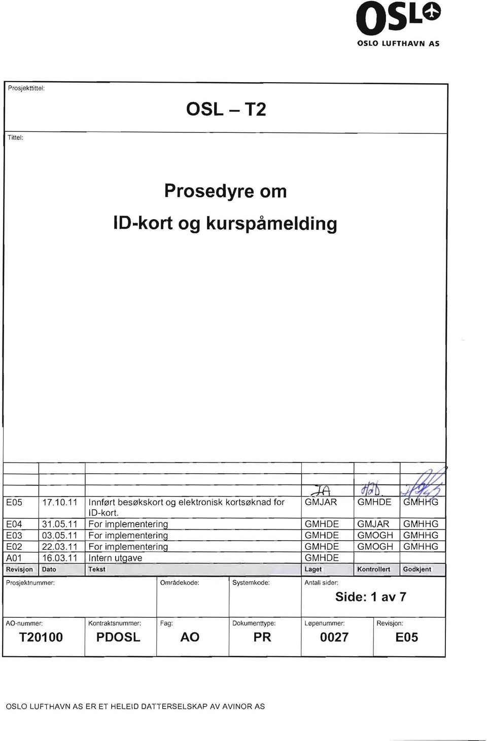 03.11 For implementering GMHDE GMOGH GMHHG A01 16.03.11 Intern utgave GMHDE Revisjon Dato Tekst Laget Kontrollert Godkjent Prosjektnummer: Områdekode: