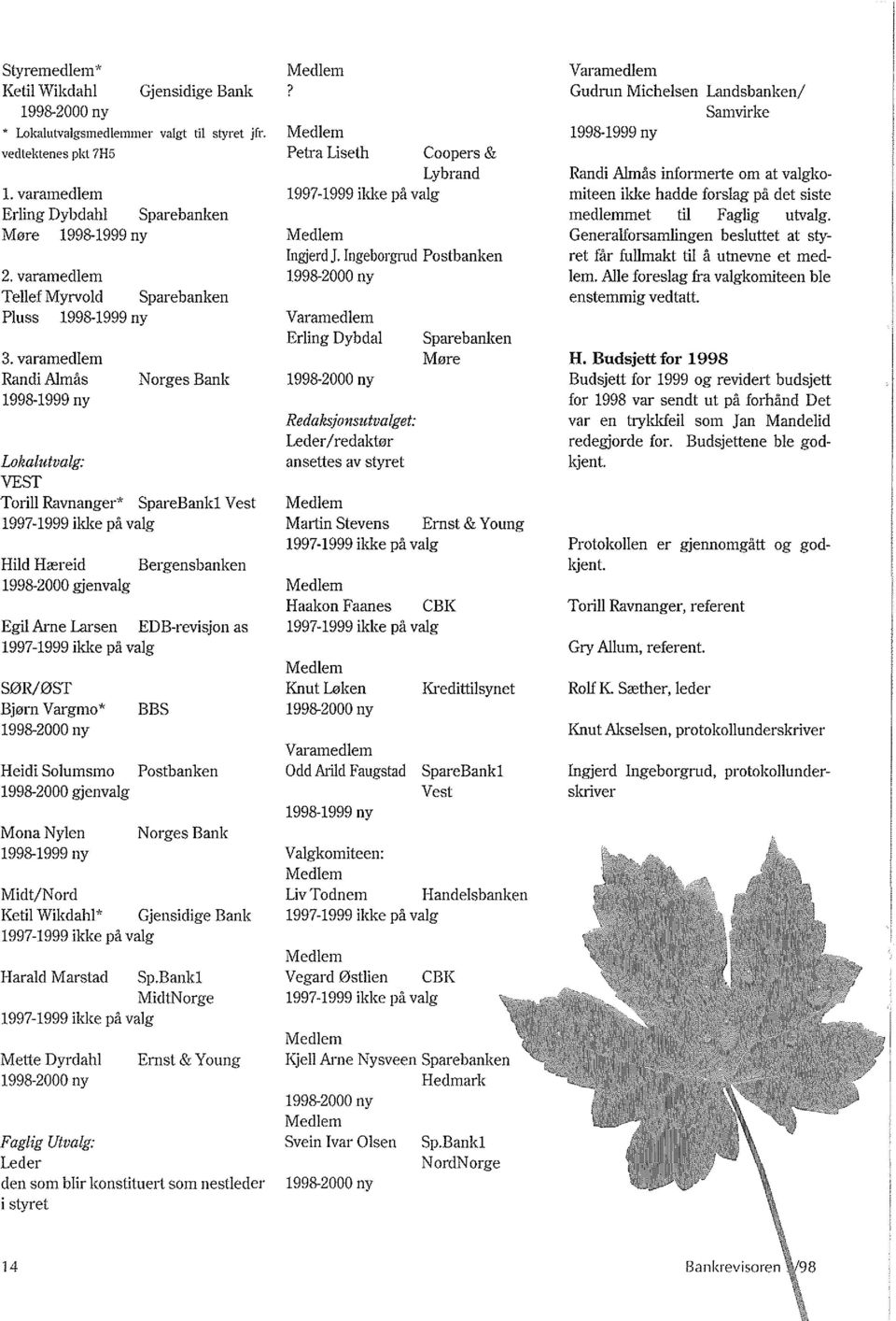 varamedlem RandiAlmas 1998-1999 ny Norges Bank Lokalutvalg: VEST Torill Ravnanger* SpareBank1 Vest 1997-1999 ikke pa valg Hild Haereid Bergensbanken 1998-2000 gjenvalg Egil Arne Larsen EDB-revisjon