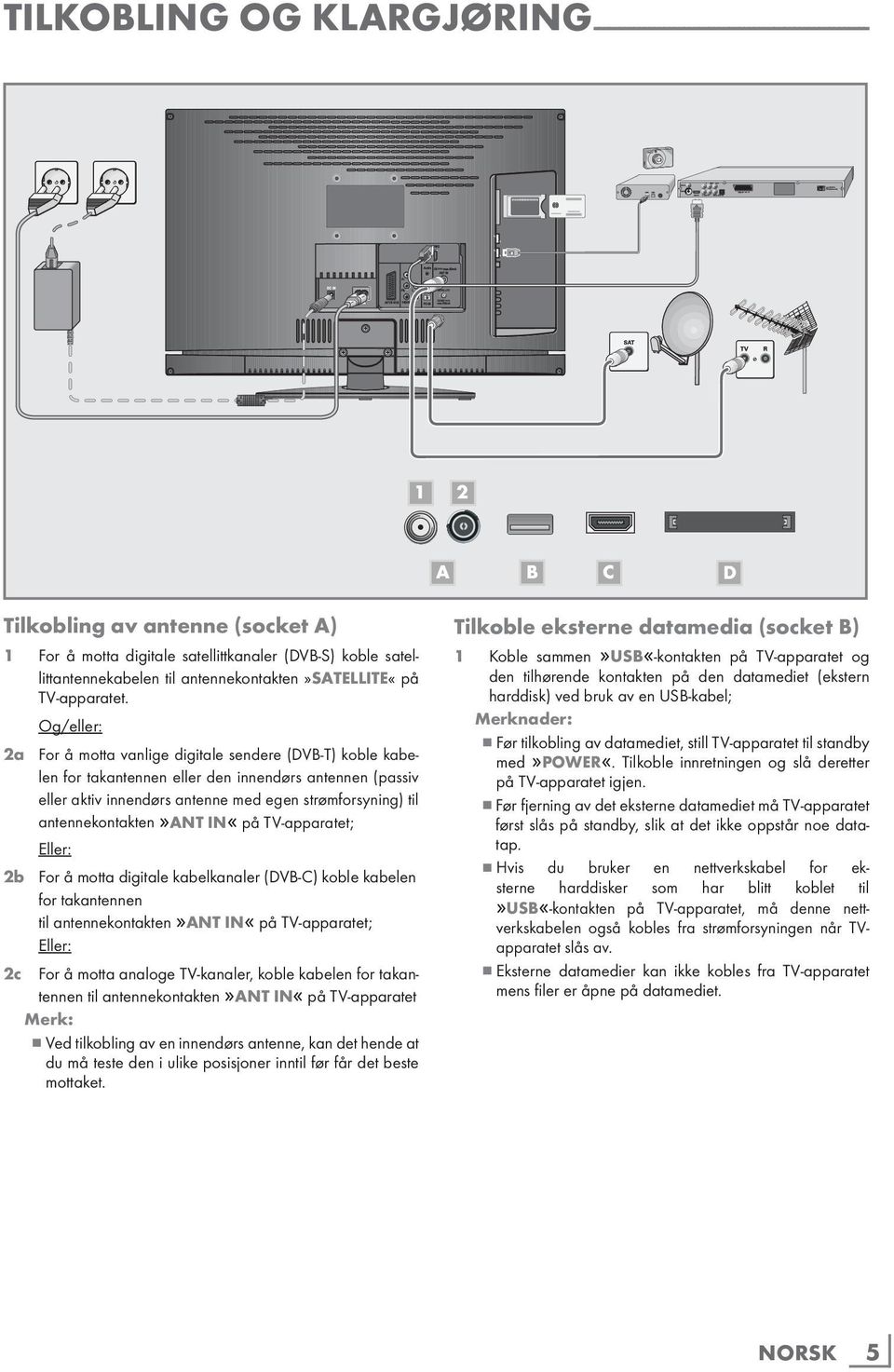 Og/eller: 2a For å motta vanlige digitale sendere (DVB-T) koble kabelen for takantennen eller den innendørs antennen (passiv eller aktiv innendørs antenne med egen strømforsyning) til