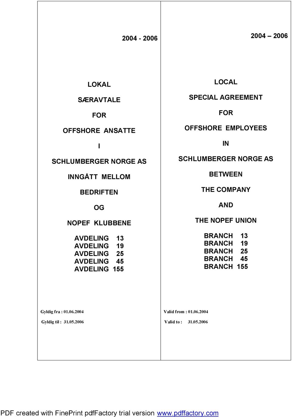 OFFSHORE EMPLOYEES IN SCHLUMBERGER NORGE AS BETWEEN THE COMPANY AND THE NOPEF UNION BRANCH 13 BRANCH 19 BRANCH