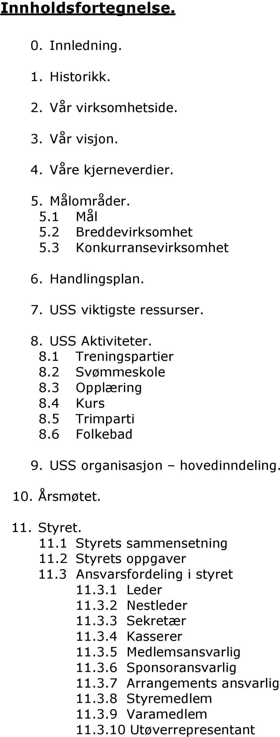 6 Folkebad 9. USS organisasjon hovedinndeling. 10. Årsmøtet. 11. Styret. 11.1 Styrets sammensetning 11.2 Styrets oppgaver 11.3 Ansvarsfordeling i styret 11.3.1 Leder 11.