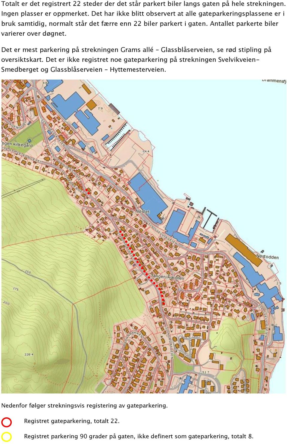 Antallet parkerte biler varierer over døgnet. Det er mest parkering på strekningen Grams allé Glassblåserveien, se rød stipling på oversiktskart.