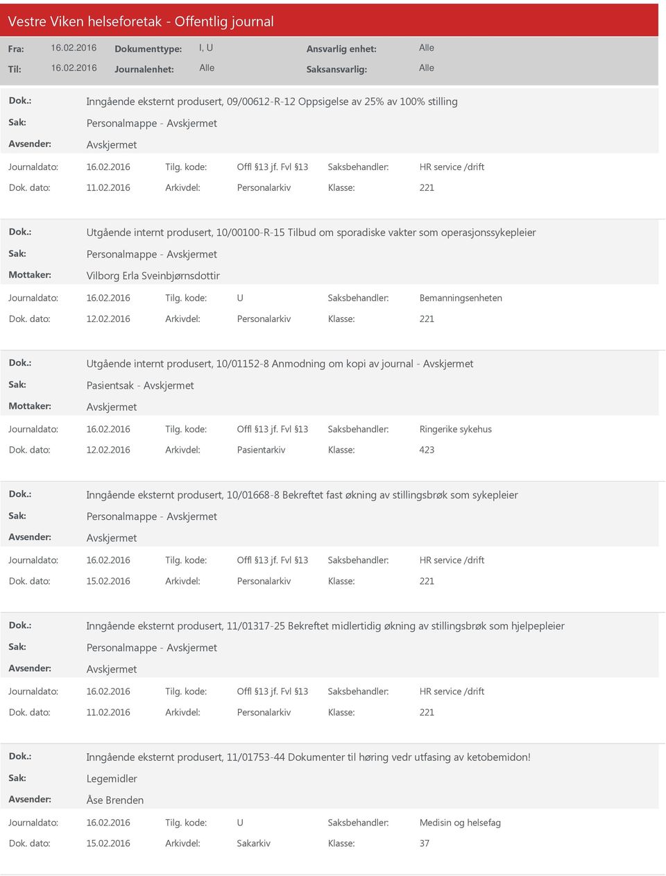 2016 Arkivdel: Personalarkiv tgående internt produsert, 10/01152-8 Anmodning om kopi av journal - Pasientsak - Ringerike sykehus Dok. dato: 12.02.