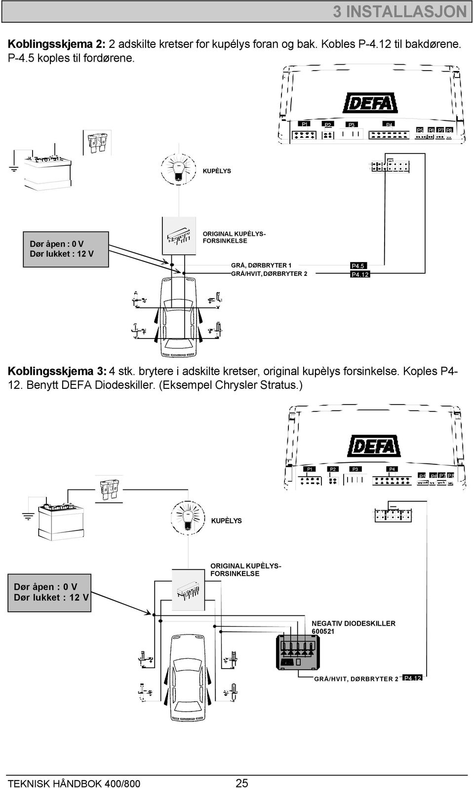 12 Koblingsskjema 3: 4 stk. brytere i adskilte kretser, original kupèlys forsinkelse. Koples P4-12. Benytt DEFA Diodeskiller. (Eksempel Chrysler Stratus.