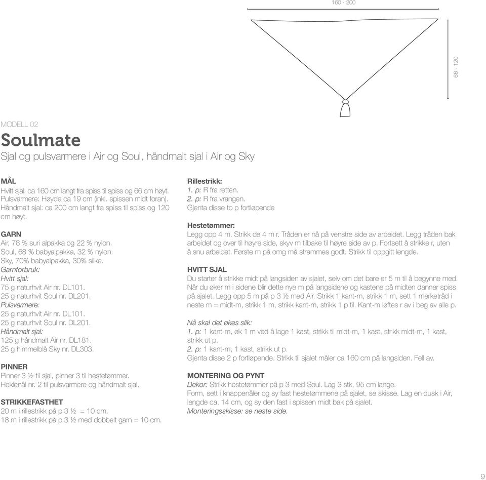 Garnforbruk: Hvitt sjal: 75 g naturhvit Air nr. DL101. 25 g naturhvit Soul nr. DL201. Pulsvarmere: 25 g naturhvit Air nr. DL101. 25 g naturhvit Soul nr. DL201. Håndmalt sjal: 125 g håndmalt Air nr.