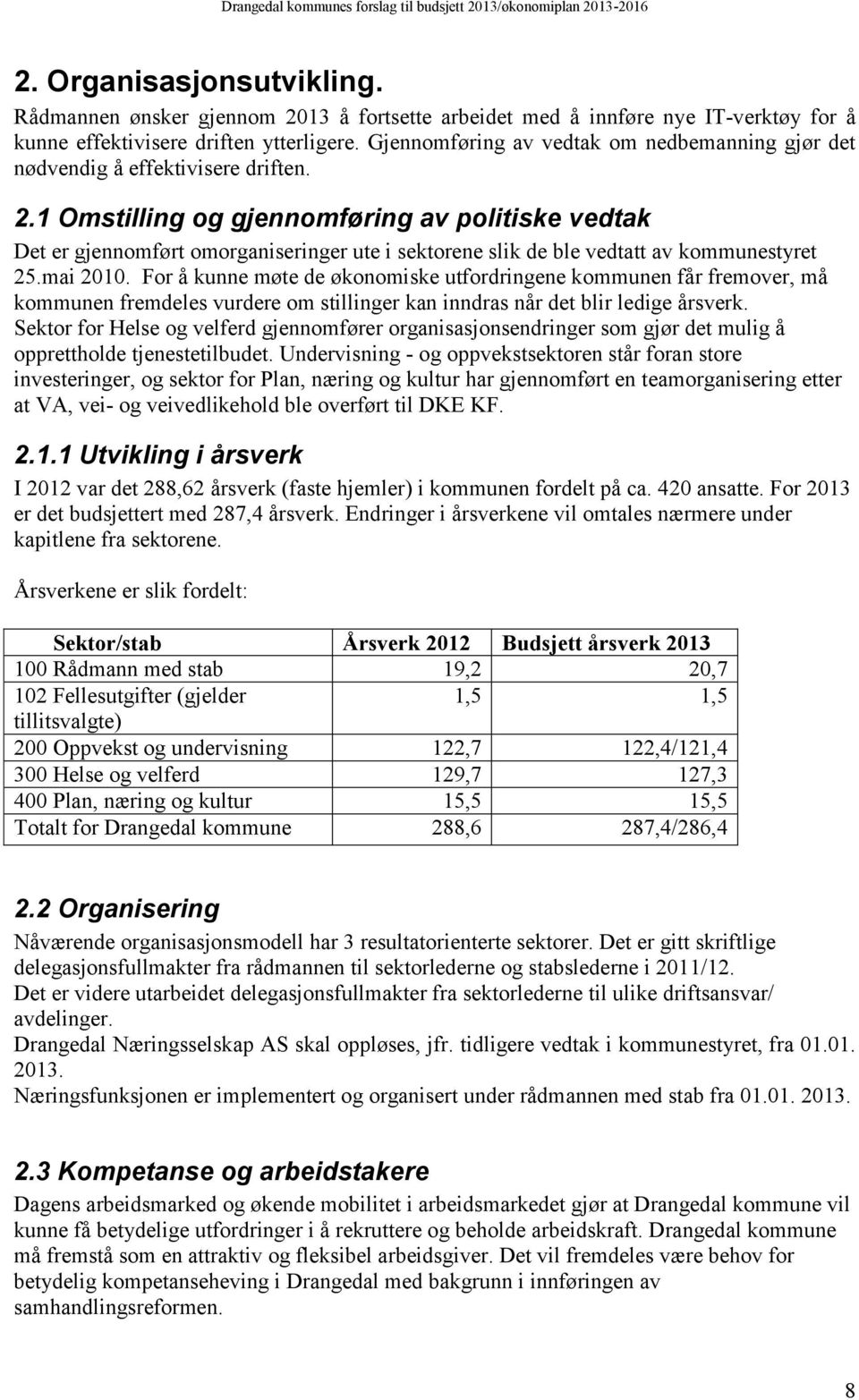 1 Omstilling og gjennomføring av politiske vedtak Det er gjennomført omorganiseringer ute i sektorene slik de ble vedtatt av kommunestyret 25.mai 2010.