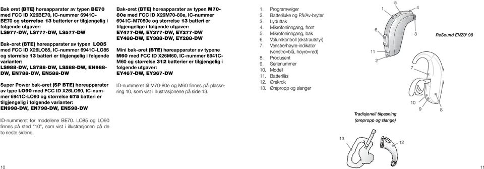 Power bak-øret (SP BTE) høreapparater av type LO90 med FCC ID X26LO90, IC-nummer 6941C-LO90 og størrelse 675 batteri er tilgjengelig i følgende varianter: EN998-DW, EN798-DW, EN598-DW ID-nummeret for