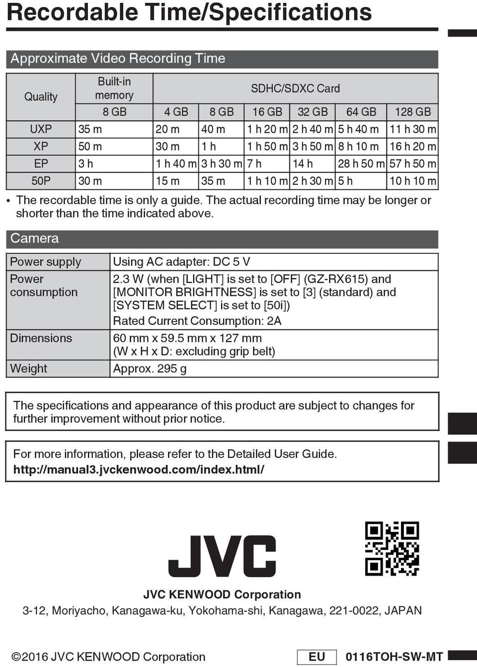 The actual recording time may be longer or shorter than the time indicated above Camera Power supply Power consumption Dimensions Weight Using AC adapter: DC 5 V 23 W (when [LIGHT] is set to [OFF]