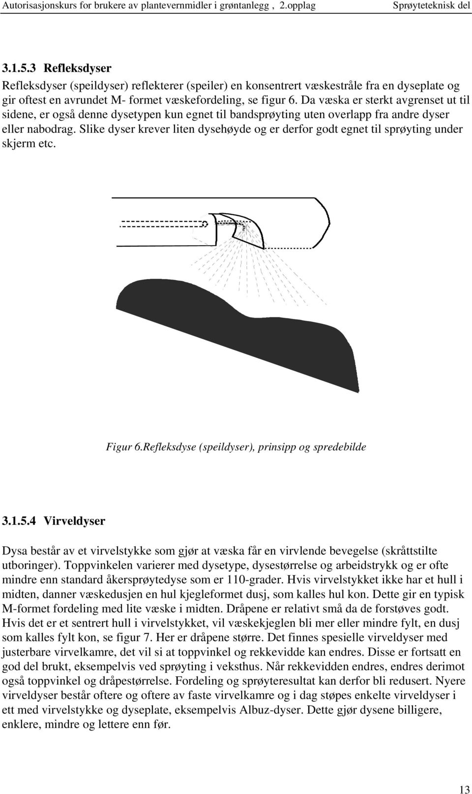 Slike dyser krever liten dysehøyde og er derfor godt egnet til sprøyting under skjerm etc. Figur 6.Refleksdyse (speildyser), prinsipp og spredebilde 3.1.5.