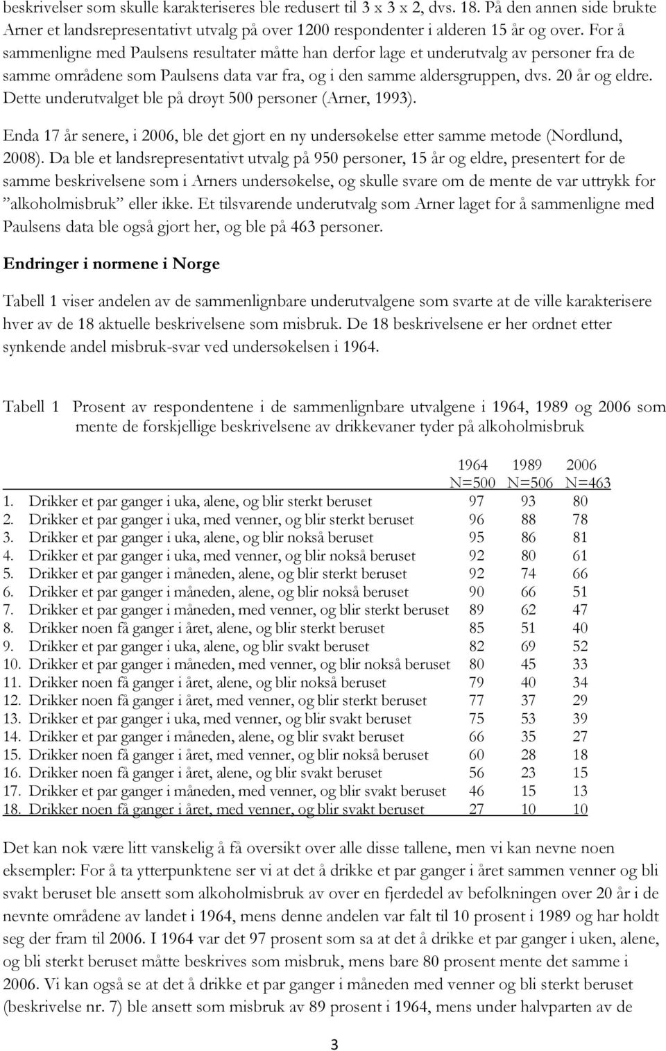 Dette underutvalget ble på drøyt 500 personer (Arner, 1993). Enda 17 år senere, i 2006, ble det gjort en ny undersøkelse etter samme metode (Nordlund, 2008).