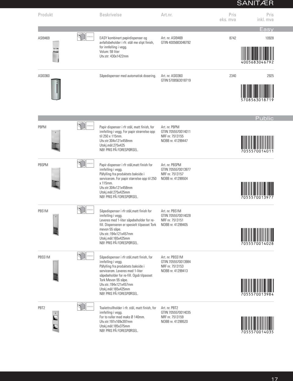 ASI0360 GTIN 5708563018719 2340 2925 5708563018719 Public PBPM Papir dispenser i rfr stål, matt finish, for innfelling i vegg. For papir strørrelse opp til 250 x 115mm. Utv.str:304x121x458mm Utskj.