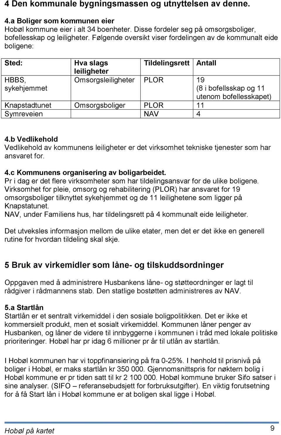 bofellesskapet) Knapstadtunet Omsorgsboliger PLOR 11 Symreveien NAV 4 4.b Vedlikehold Vedlikehold av kommunens leiligheter er det virksomhet tekniske tjenester som har ansvaret for. 4.c Kommunens organisering av boligarbeidet.