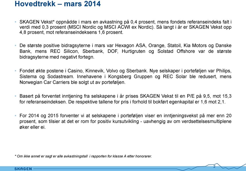 De største positive bidragsyterne i mars var Hexagon ASA, Orange, Statoil, Kia Motors og Danske Bank, mens REC Silicon, Sberbank, DOF, Hurtigruten og Solstad Offshore var de største bidragsyterne med