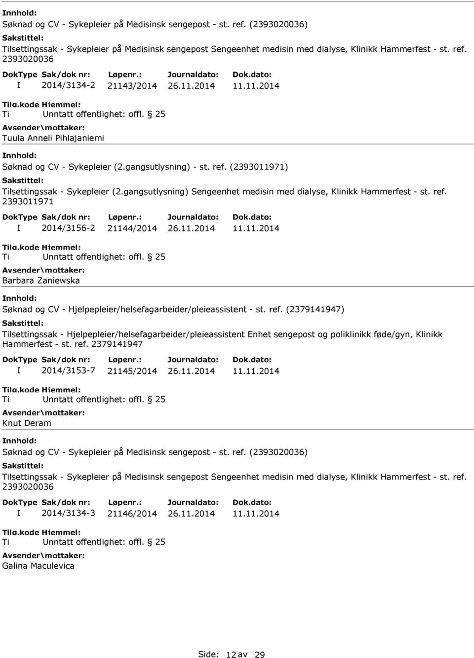 11.2014 nnhold: lsettingssak - Hjelpepleier/helsefagarbeider/pleieassistent Enhet sengepost og poliklinikk føde/gyn, Klinikk 2014/3153-7 21145/2014 Knut Deram 11.11.2014 nnhold: Søknad og CV - Sykepleier på Medisinsk sengepost - st.