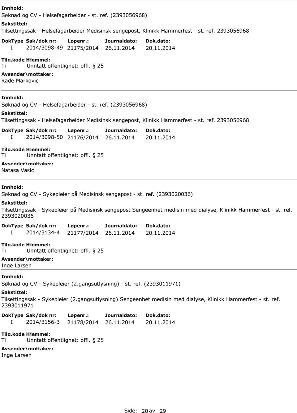 ref. (2393020036) lsettingssak - Sykepleier på Medisinsk sengepost Sengeenhet medisin med dialyse, Klinikk Hammerfest - st. ref. 2393020036 2014/3134-4 21177/2014 nge Larsen 20.11.2014 nnhold: Søknad og CV - Sykepleier (2.