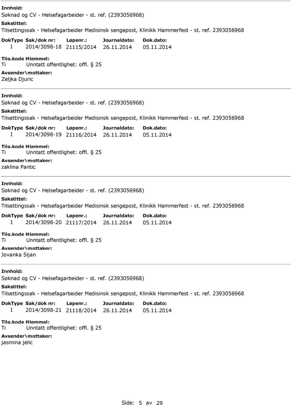 2393056968 2014/3098-19 21116/2014 zaklina Pantic 05.11.2014 nnhold: lsettingssak - Helsefagarbeider Medisinsk sengepost, Klinikk Hammerfest - st. ref.