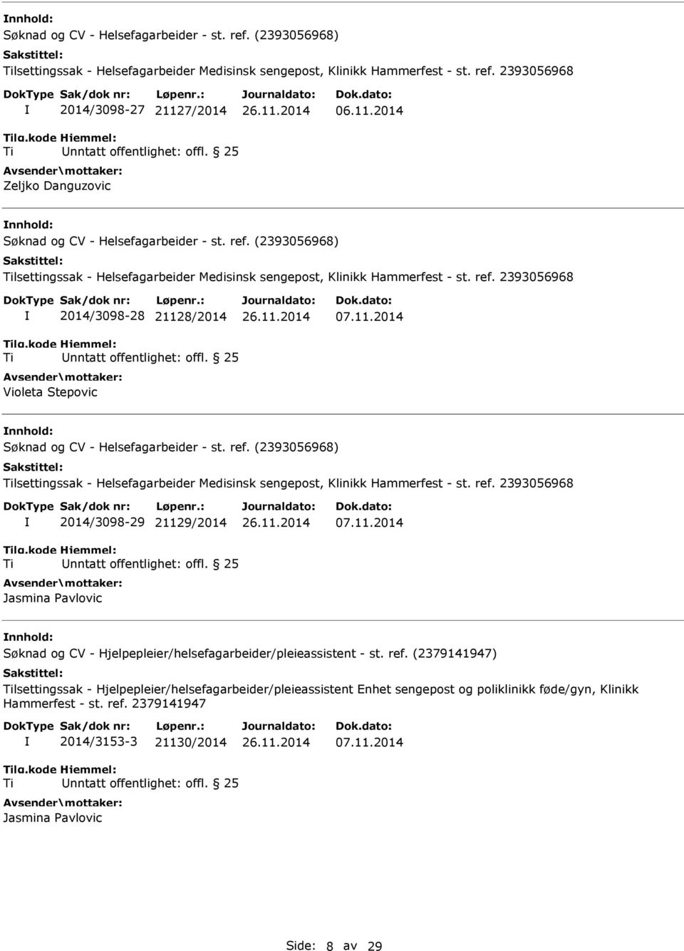 2393056968 2014/3098-28 21128/2014 Violeta Stepovic 07.11.2014 nnhold: lsettingssak - Helsefagarbeider Medisinsk sengepost, Klinikk Hammerfest - st. ref.