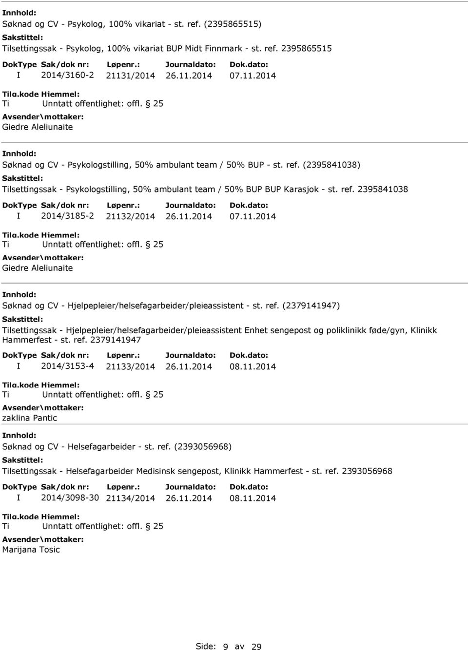 11.2014 nnhold: lsettingssak - Hjelpepleier/helsefagarbeider/pleieassistent Enhet sengepost og poliklinikk føde/gyn, Klinikk 2014/3153-4 21133/2014 zaklina Pantic 08.11.2014 nnhold: lsettingssak - Helsefagarbeider Medisinsk sengepost, Klinikk Hammerfest - st.