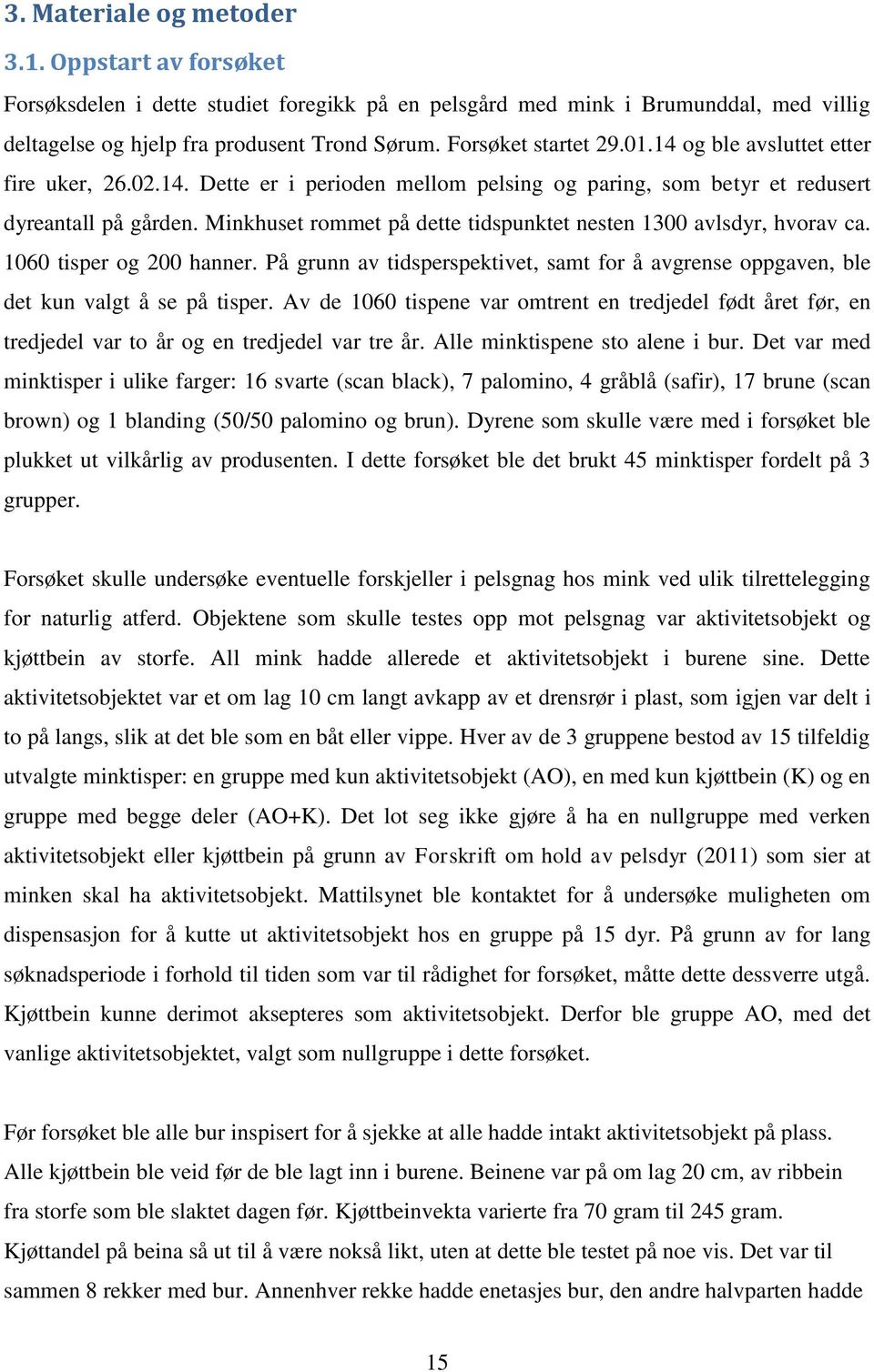 Minkhuset rommet på dette tidspunktet nesten 1300 avlsdyr, hvorav ca. 1060 tisper og 200 hanner. På grunn av tidsperspektivet, samt for å avgrense oppgaven, ble det kun valgt å se på tisper.