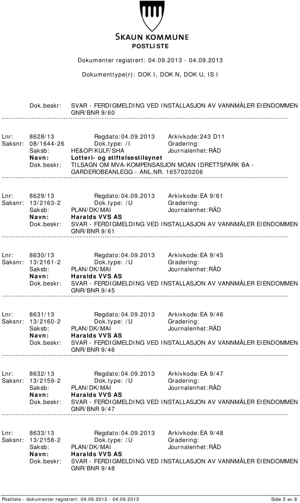 2013 Arkivkode:EA 9/61 Saksnr: 13/2163-2 Dok.type: /U Gradering: GNR/BNR 9/61 Lnr: 8630/13 Regdato:04.09.2013 Arkivkode:EA 9/45 Saksnr: 13/2161-2 Dok.
