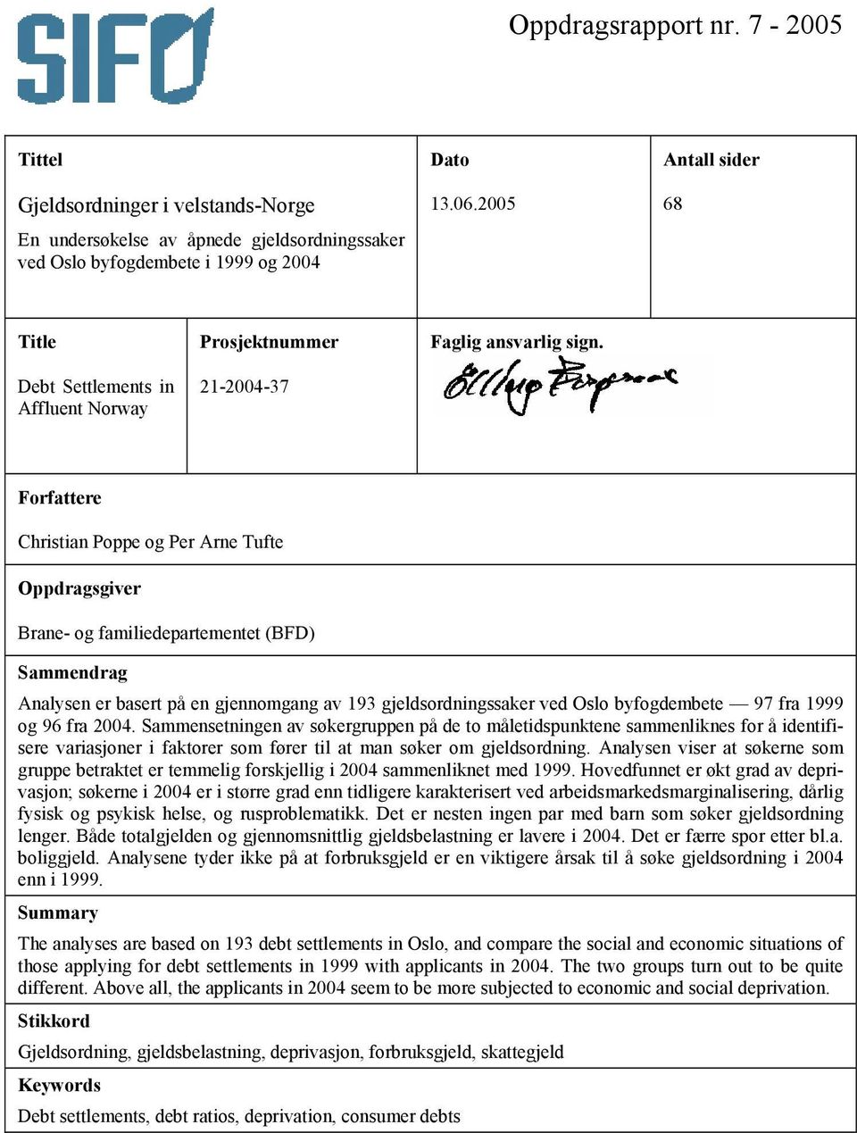 Forfattere Christian Poppe og Per Arne Tufte Oppdragsgiver Brane- og familiedepartementet (BFD) Sammendrag Analysen er basert på en gjennomgang av 193 gjeldsordningssaker ved Oslo byfogdembete 97 fra