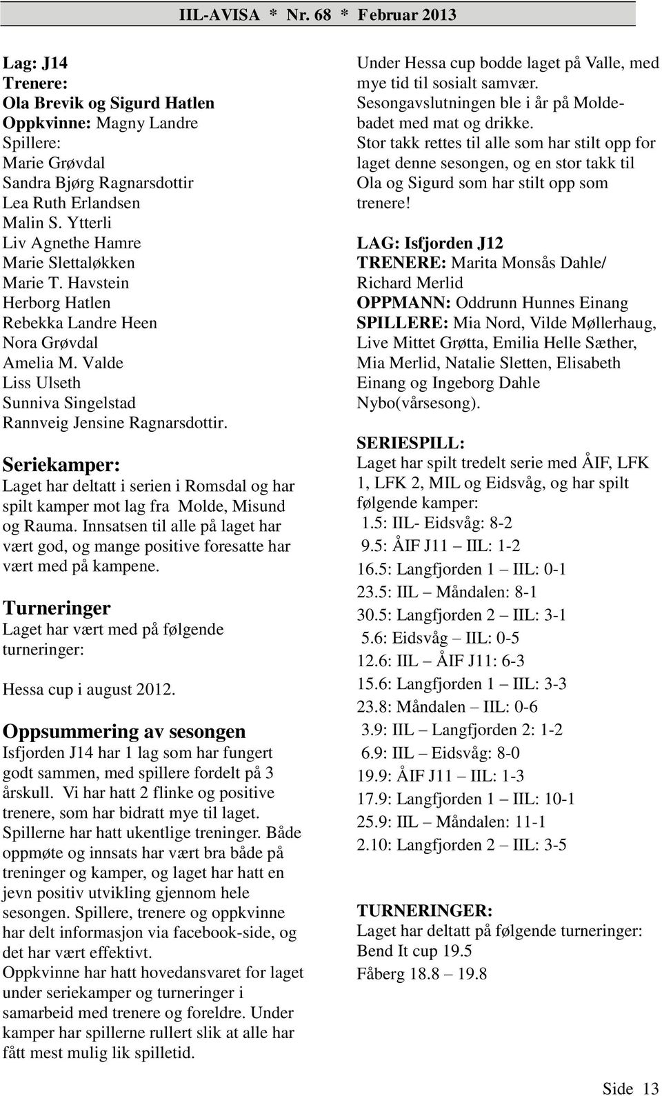 Seriekamper: Laget har deltatt i serien i Romsdal og har spilt kamper mot lag fra Molde, Misund og Rauma. Innsatsen til alle på laget har vært god, og mange positive foresatte har vært med på kampene.