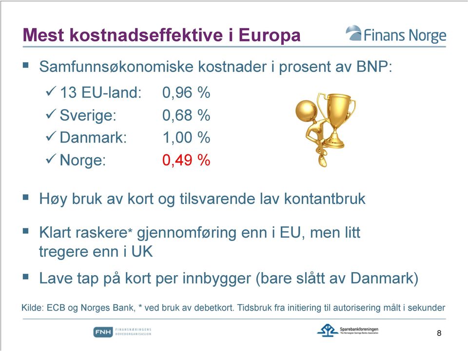 raskere* gjennomføring enn i EU, men litt tregere enn i UK Lave tap på kort per innbygger (bare slått av