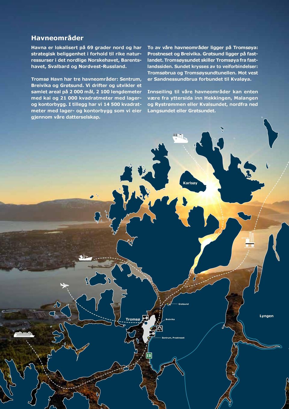 I tillegg har vi 14 500 kvadratmeter med lager- og kontorbygg som vi eier gjennom våre datterselskap. To av våre havneområder ligger på Tromsøya: Prostneset og Breivika. Grøtsund ligger på fastlandet.