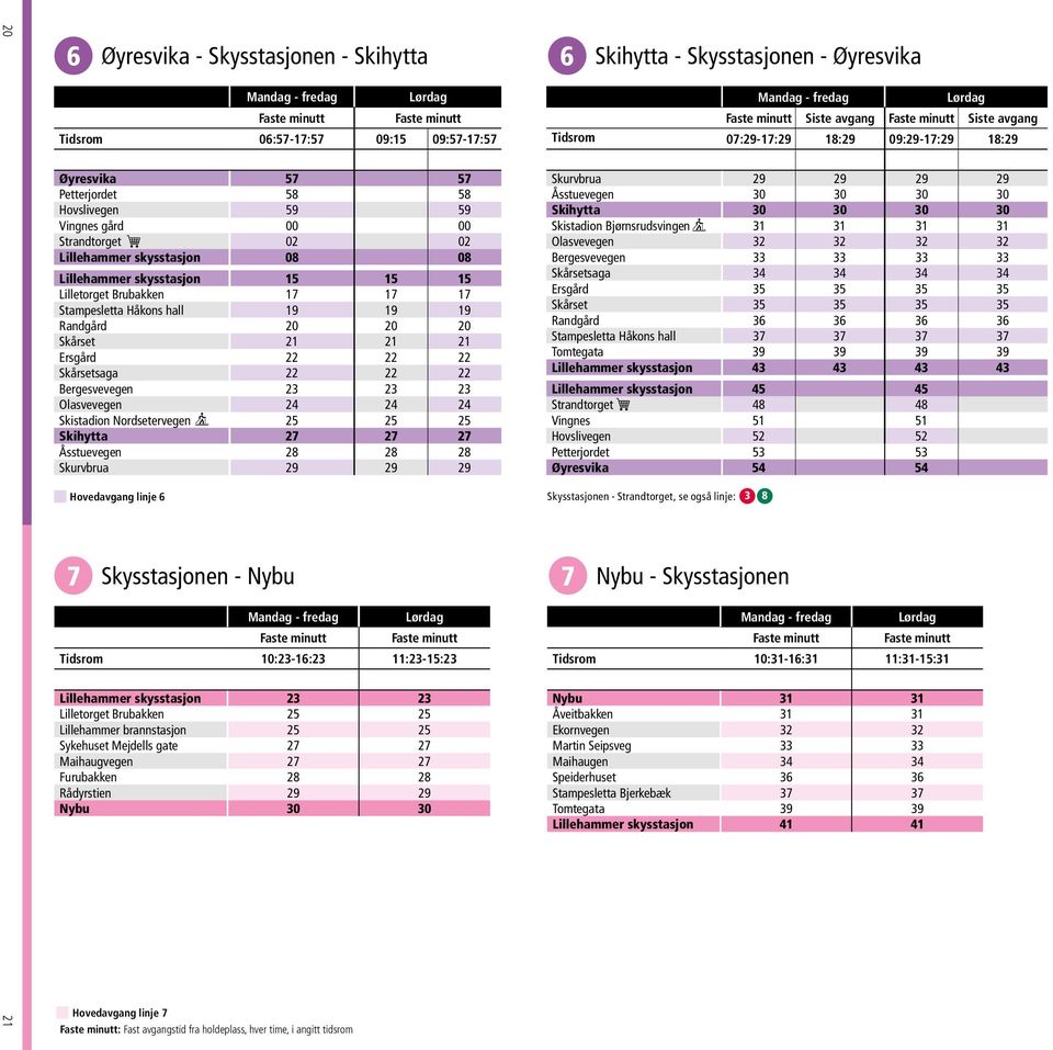 22 Bergesvevegen 23 23 23 Olasvevegen 24 24 24 Skistadion Nordsetervegen 25 25 25 Skihytta 27 27 27 Åsstuevegen 28 28 28 Skurvbrua 29 29 29 Hovedavgang linje 6 7 Skysstasjonen - Nybu Mandag - fredag