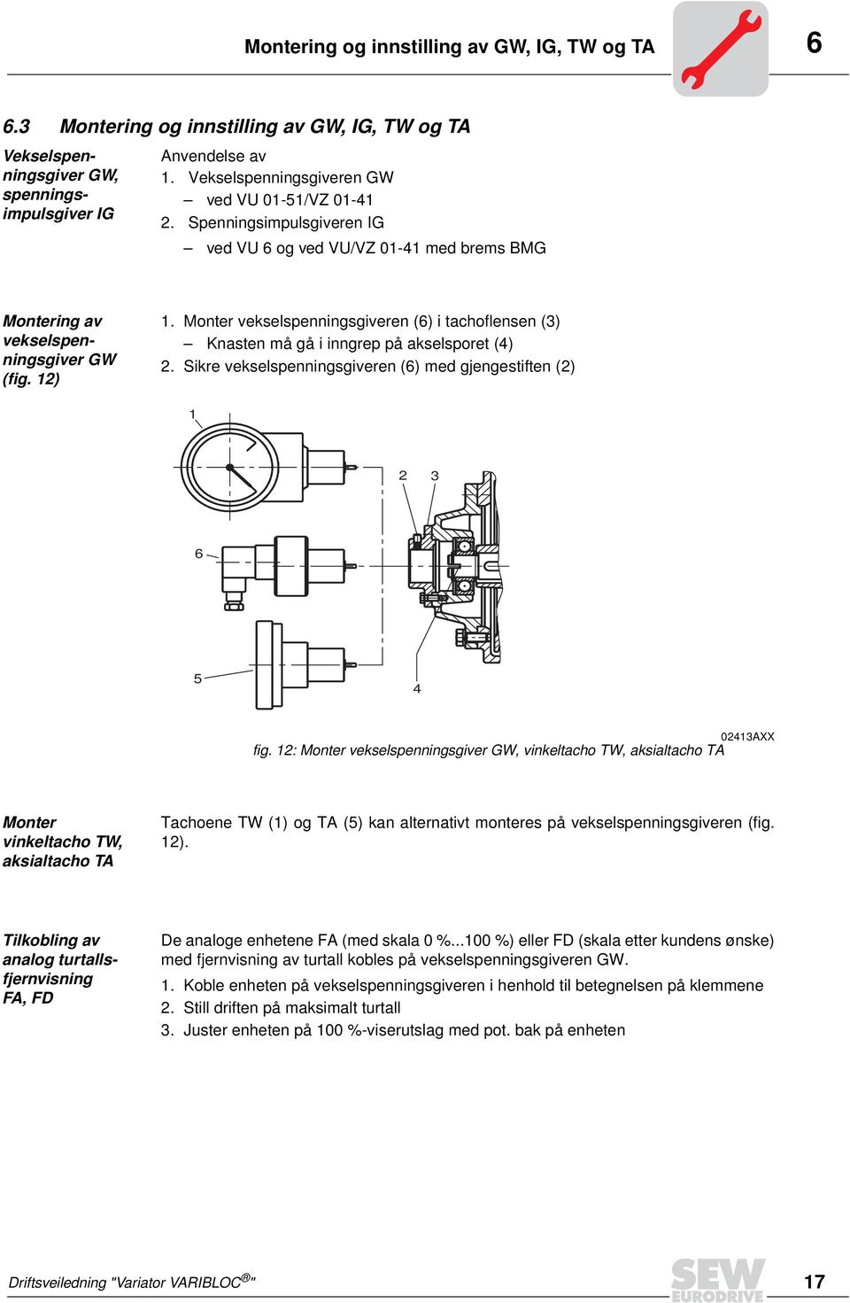 Monter vekselspenningsgiveren (6) i tachoflensen (3) Knasten må gå i inngrep på akselsporet (4) 2. Sikre vekselspenningsgiveren (6) med gjengestiften (2) 1 2 3 6 5 4 02413AXX fig.