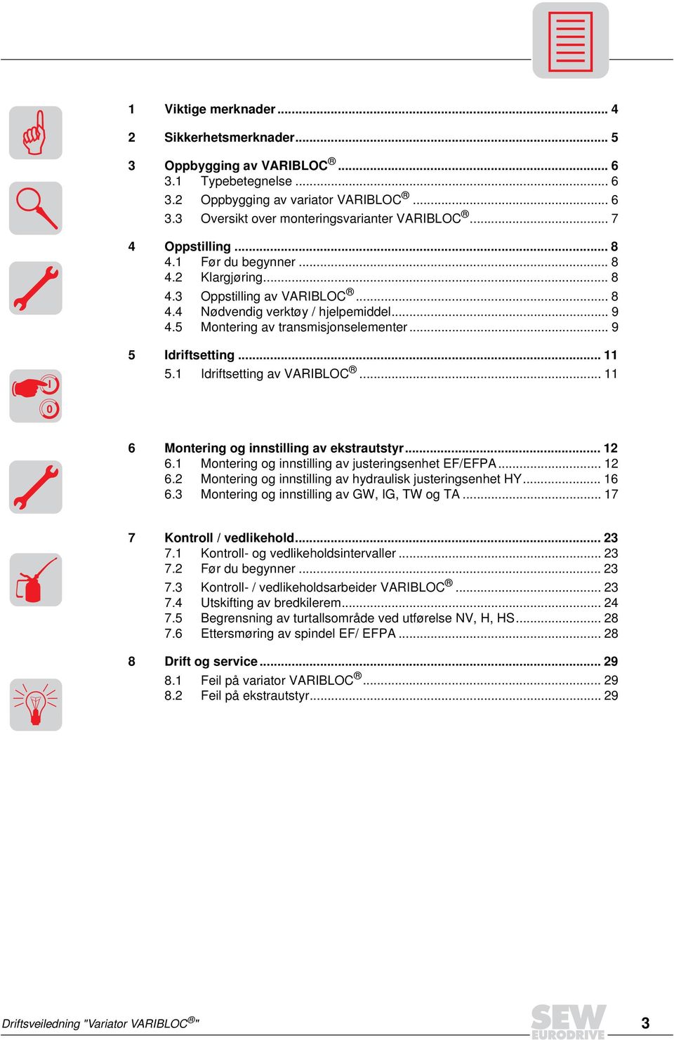 .. 9 I 5 Idriftsetting... 11 5.1 Idriftsetting av VARIBLOC... 11 0 6 Montering og innstilling av ekstrautstyr... 12 6.1 Montering og innstilling av justeringsenhet EF/EFPA... 12 6.2 Montering og innstilling av hydraulisk justeringsenhet HY.