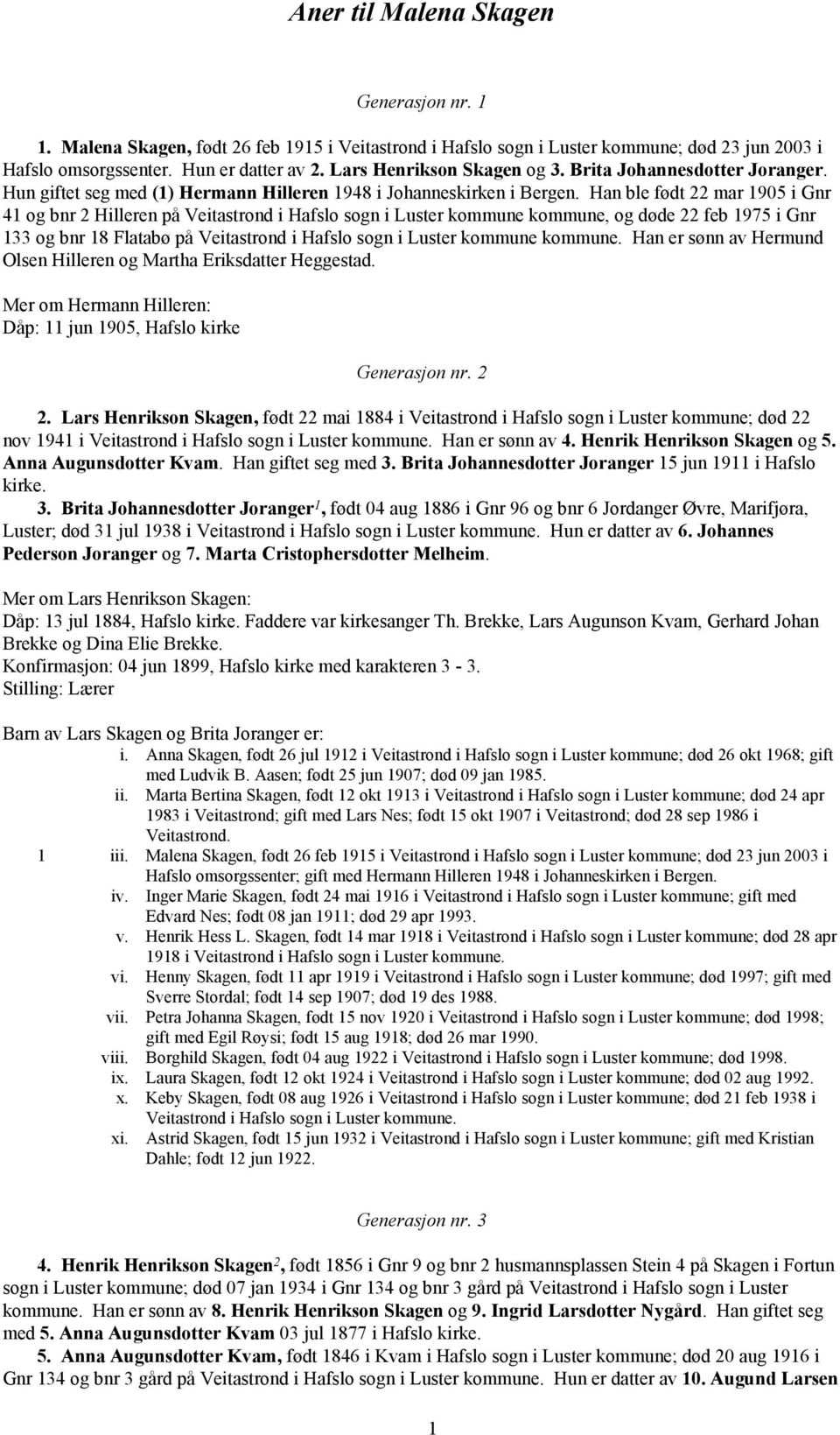 Han ble født 22 mar 1905 i Gnr 41 og bnr 2 Hilleren på Veitastrond i Hafslo sogn i Luster kommune kommune, og døde 22 feb 1975 i Gnr 133 og bnr 18 Flatabø på Veitastrond i Hafslo sogn i Luster