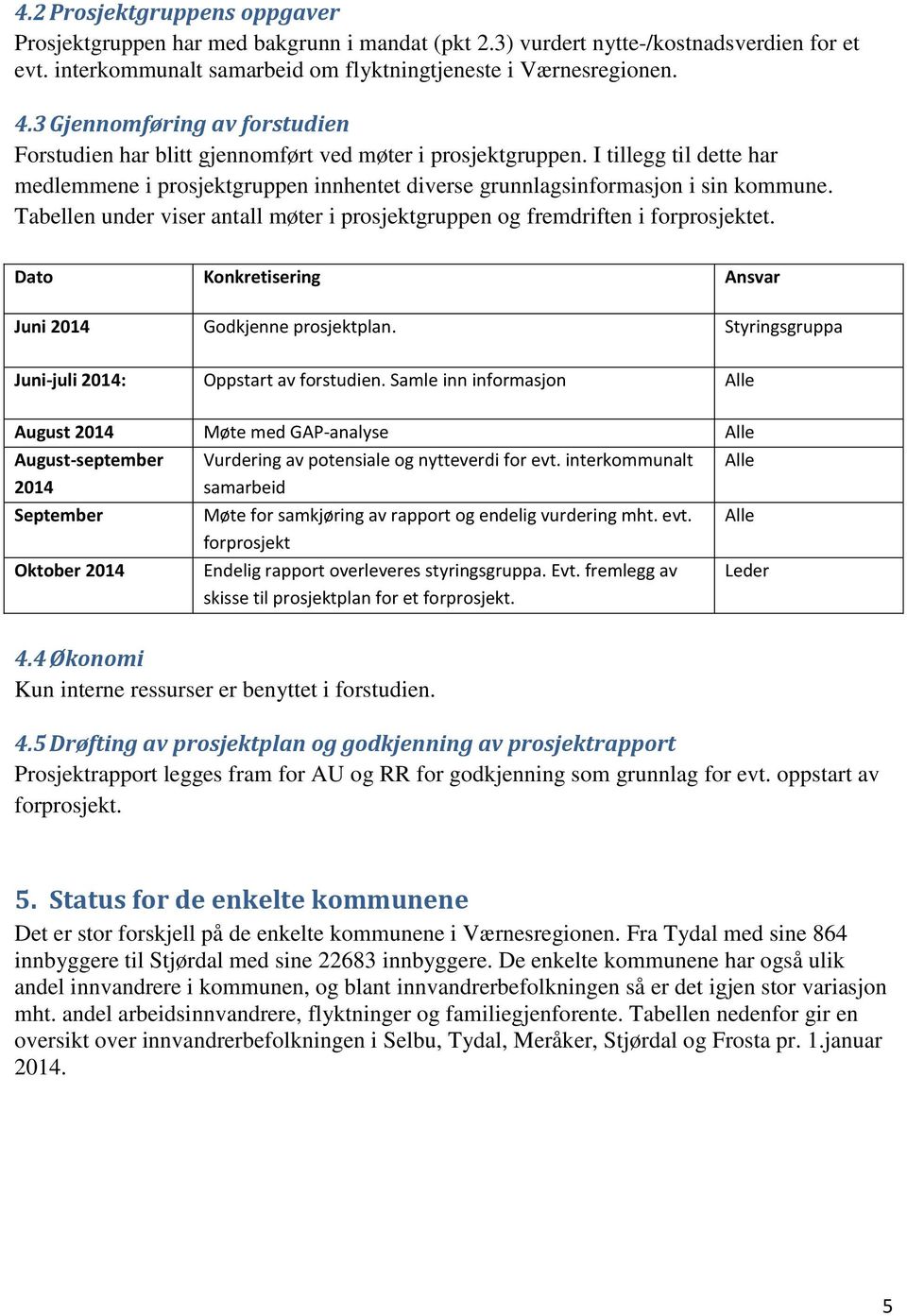 Tabellen under viser antall møter i prosjektgruppen og fremdriften i forprosjektet. Dato Konkretisering Ansvar Juni 2014 Godkjenne prosjektplan. Styringsgruppa Juni-juli 2014: Oppstart av forstudien.