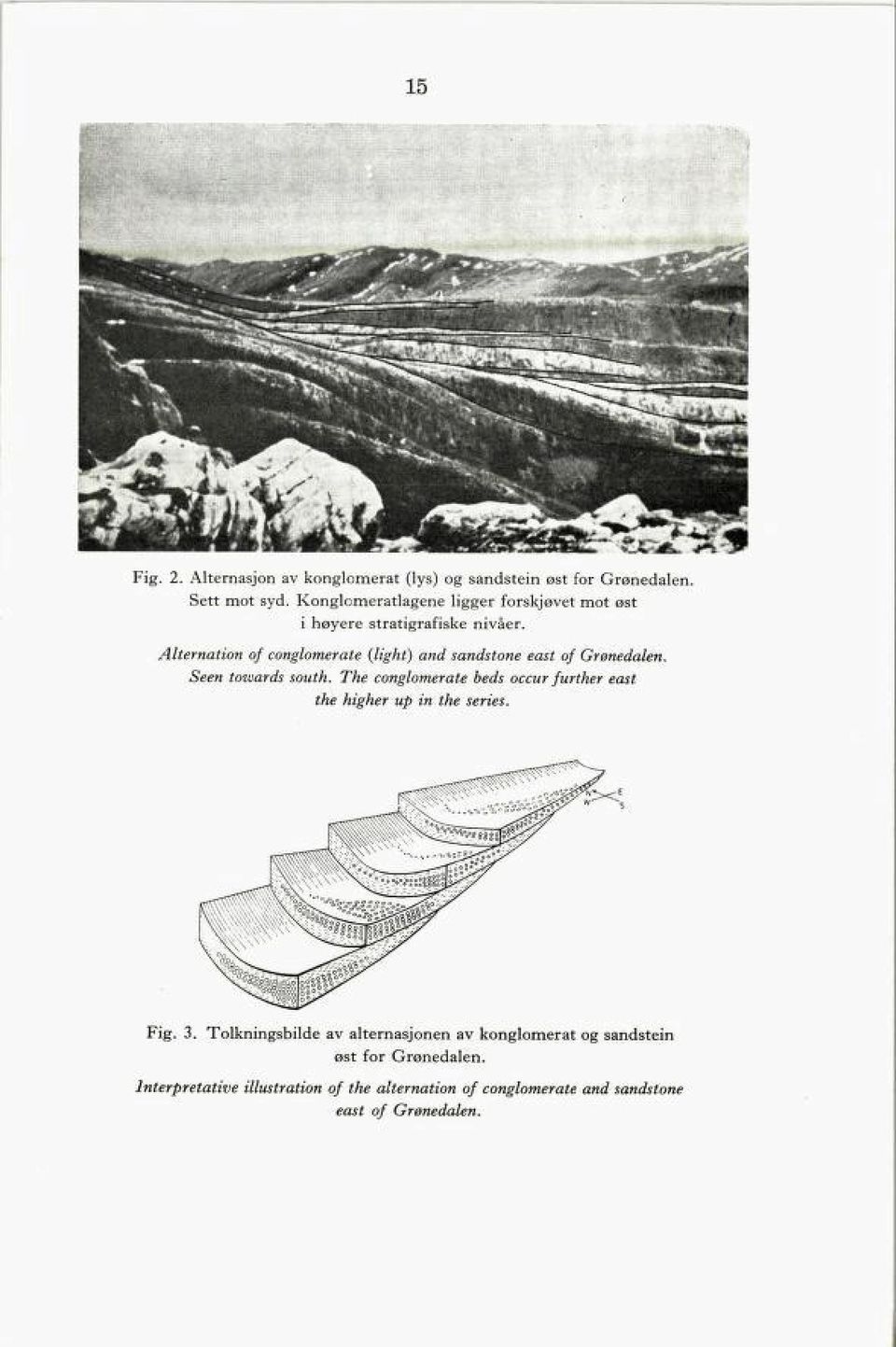 Alternation of conglomerate (light) and sandstone east of Grønedalen Seen towards south.