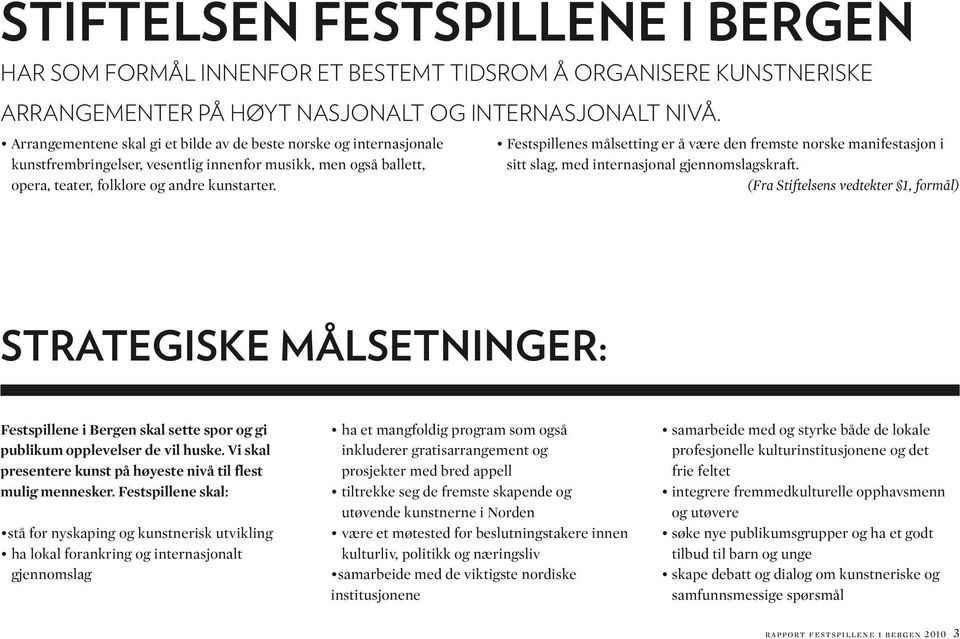 Festspillenes målsetting er å være den fremste norske manifestasjon i sitt slag, med internasjonal gjennomslagskraft.