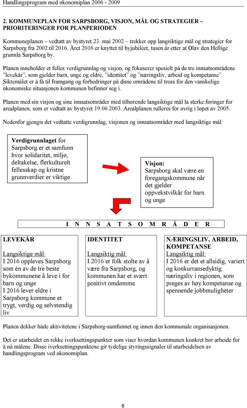 Planen inneholder et felles verdigrunnlag og visjon, og fokuserer spesielt på de tre innsatsområdene levekår, som gjelder barn, unge og eldre, identitet og næringsliv, arbeid og kompetanse.