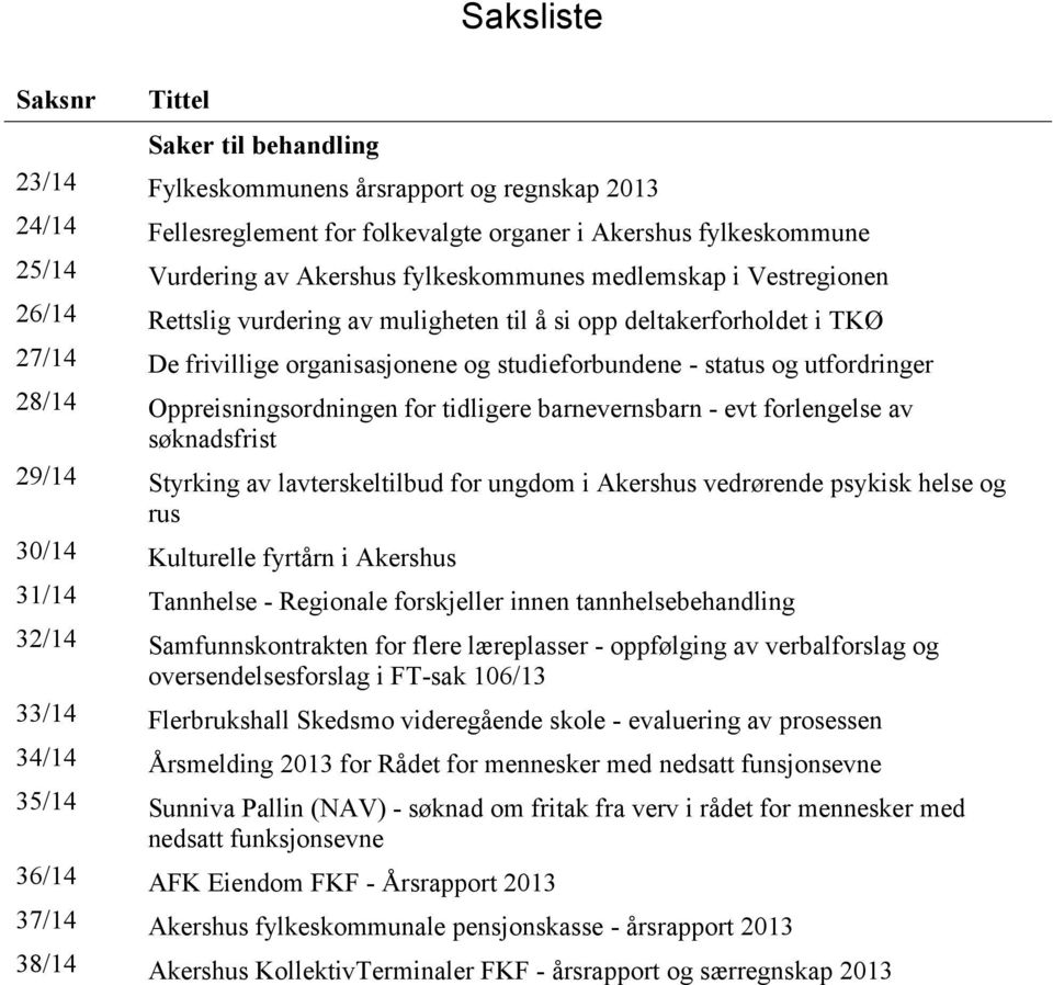 28/14 Oppreisningsordningen for tidligere barnevernsbarn - evt forlengelse av søknadsfrist 29/14 Styrking av lavterskeltilbud for ungdom i Akershus vedrørende psykisk helse og rus 30/14 Kulturelle