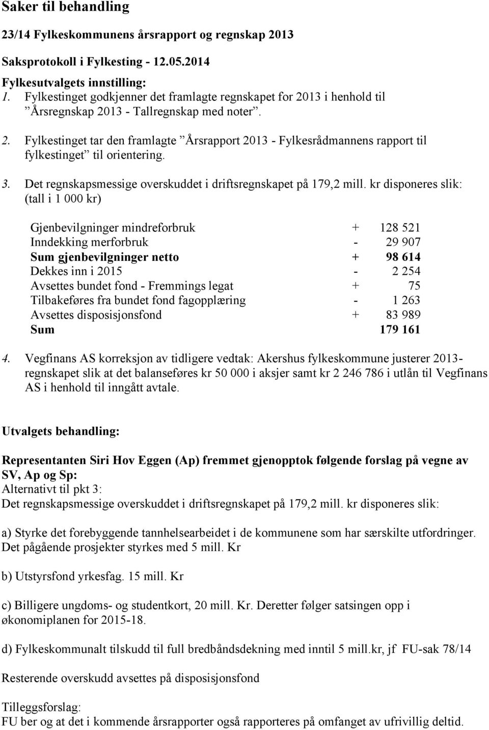 3. Det regnskapsmessige overskuddet i driftsregnskapet på 179,2 mill.