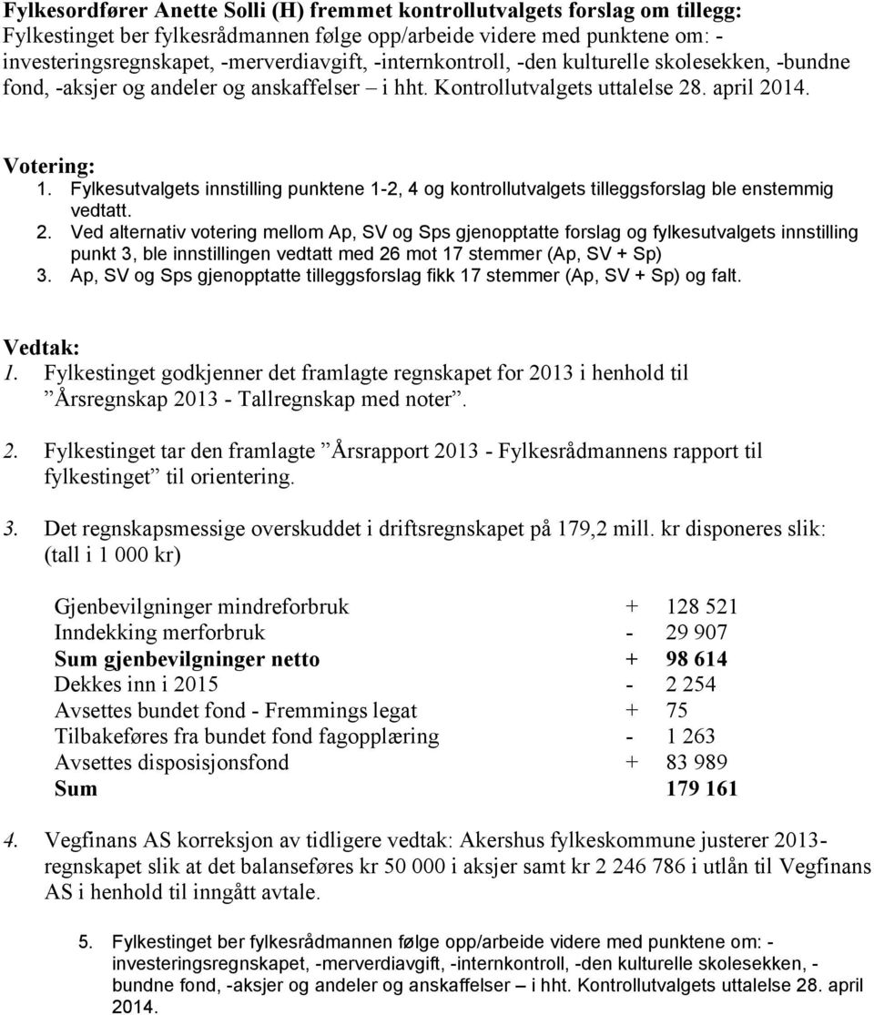 Fylkesutvalgets innstilling punktene 1-2, 4 og kontrollutvalgets tilleggsforslag ble enstemmig vedtatt. 2.