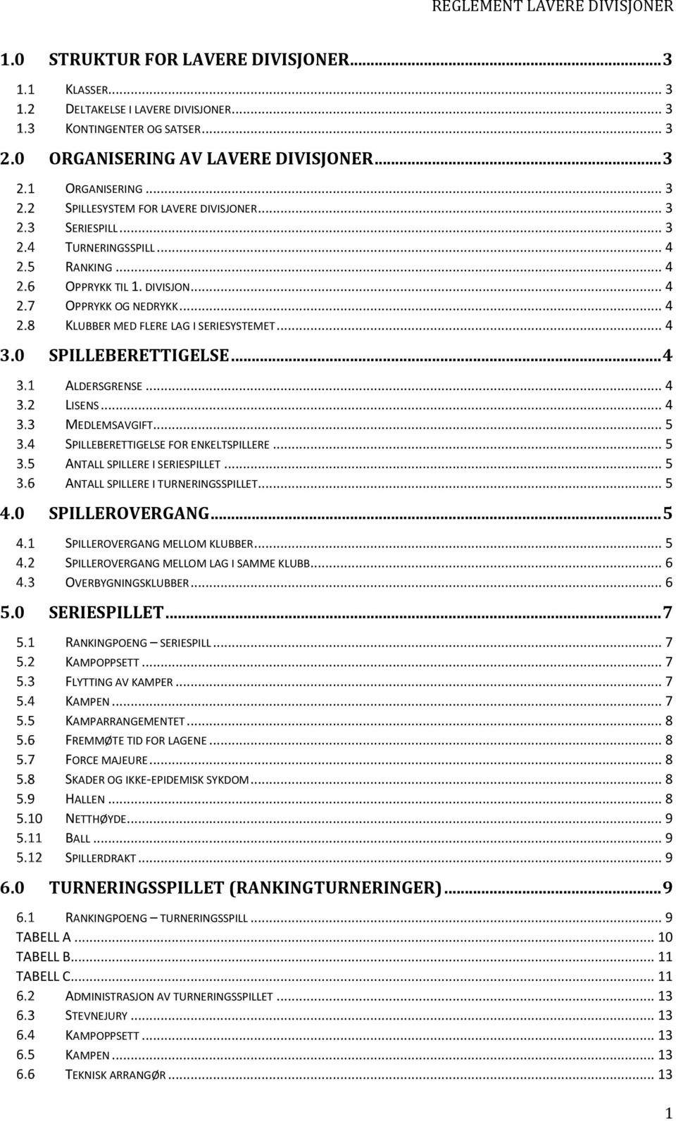 0 SPILLEBERETTIGELSE... 4 ALDERSGRENSE... 4 LISENS... 4 MEDLEMSAVGIFT... 5 SPILLEBERETTIGELSE FOR ENKELTSPILLERE... 5 ANTALL SPILLERE I SERIESPILLET... 5 ANTALL SPILLERE I TURNERINGSSPILLET... 5 4.