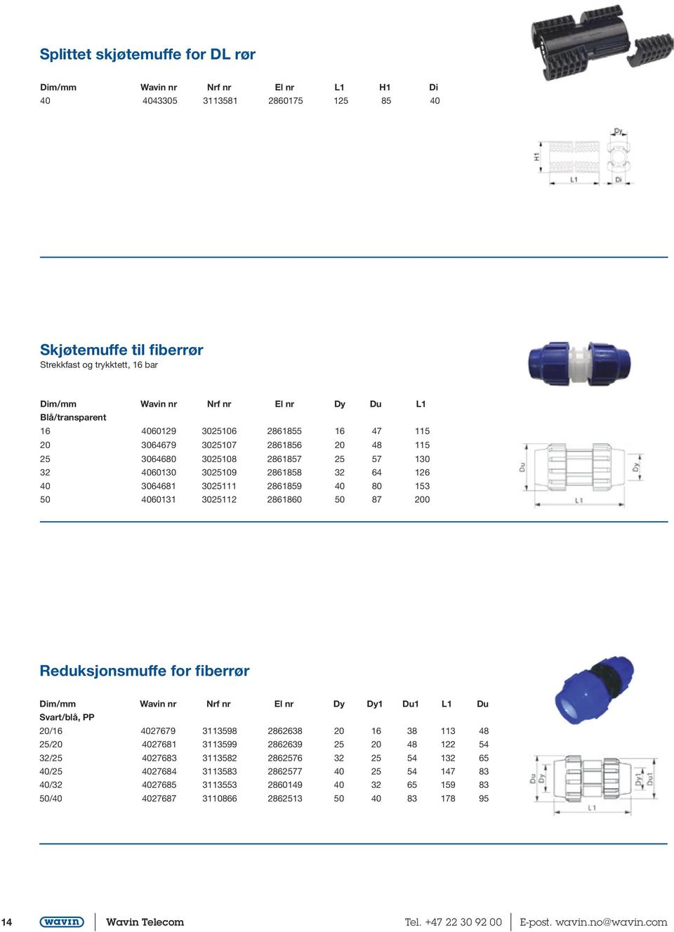 153 50 4060131 3025112 2861860 50 87 200 Reduksjonsmuffe for fiberrør Dim/mm Wavin nr Nrf nr El nr Dy Dy1 Du1 L1 Du Svart/blå, PP 20/16 4027679 3113598 2862638 20 16 38 113 48 25/20 4027681 3113599