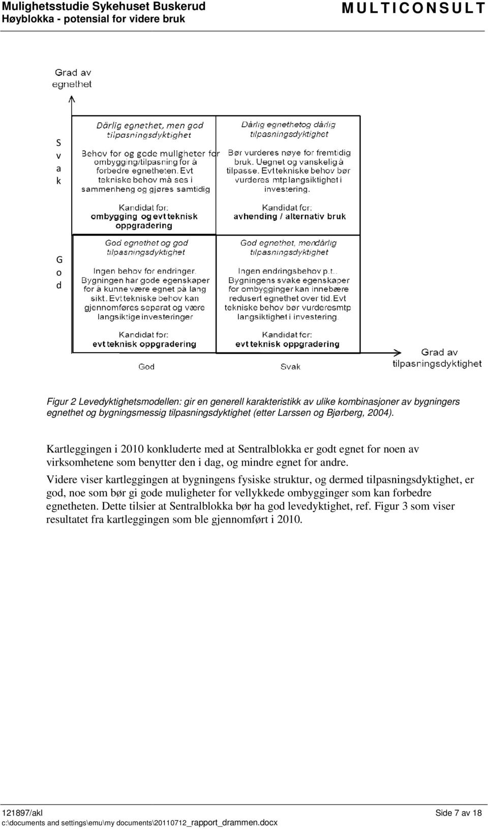 Kartleggingen i 2010 konkluderte med at Sentralblokka er godt egnet for noen av virksomhetene som benytter den i dag, og mindre egnet for andre.