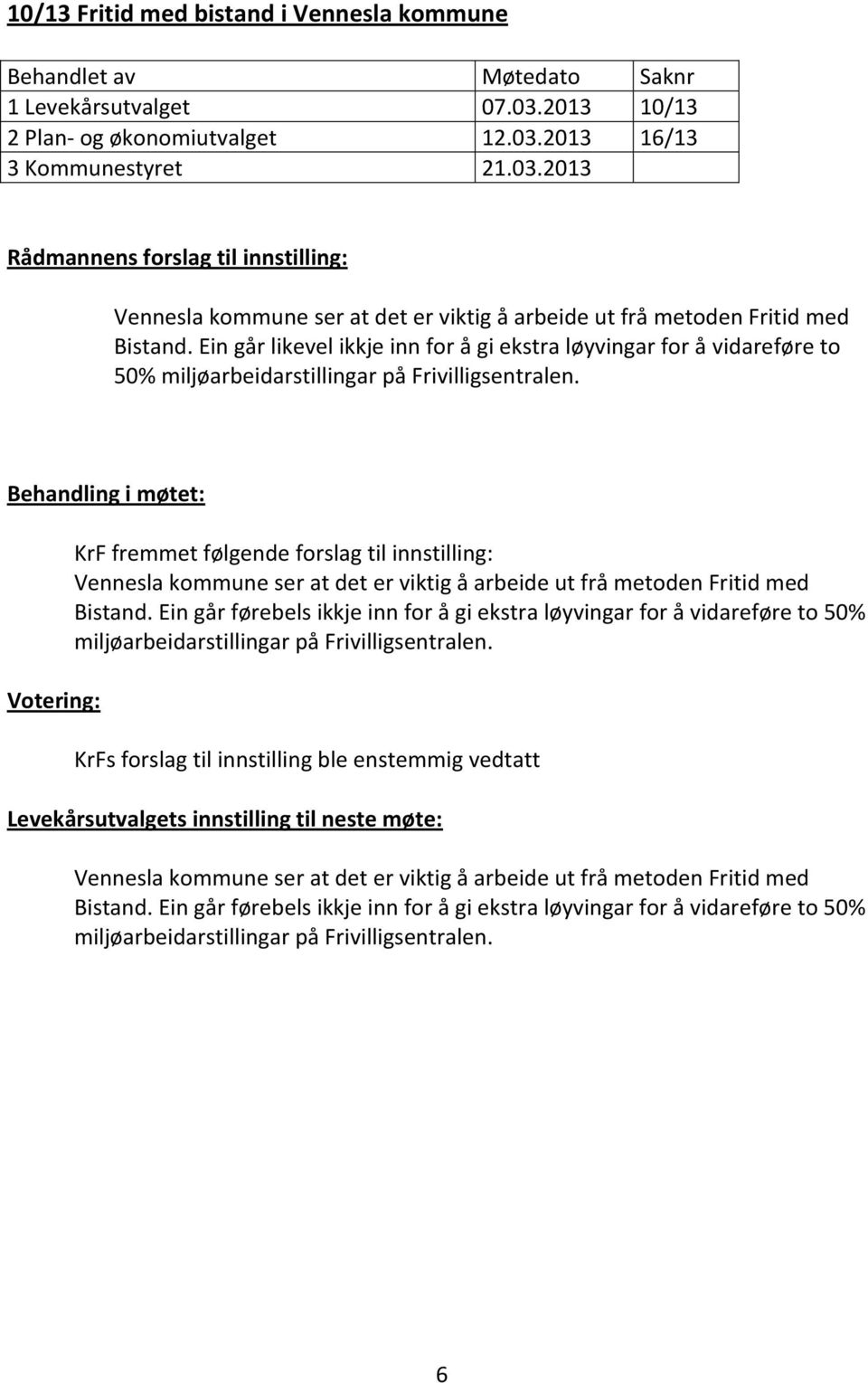 Behandling i møtet: KrF fremmet følgende forslag til innstilling: Vennesla kommune ser at det er viktig å arbeide ut frå metoden Fritid med Bistand.