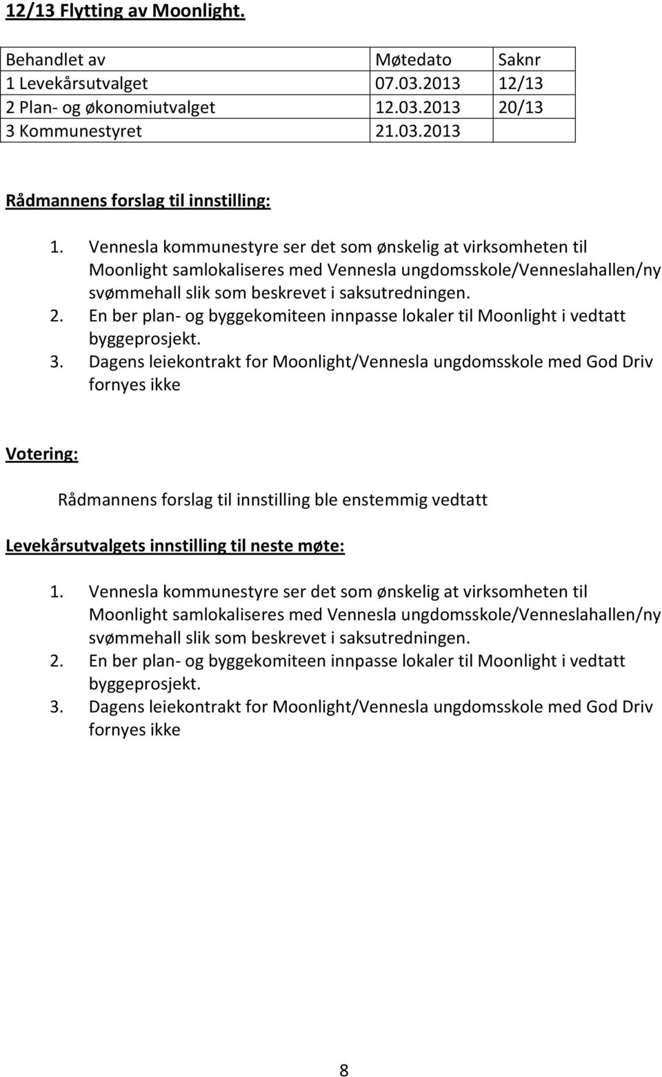 En ber plan- og byggekomiteen innpasse lokaler til Moonlight i vedtatt byggeprosjekt. 3.