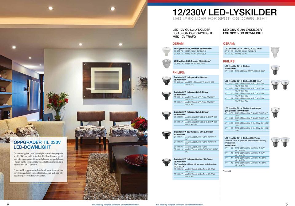 Dimbar, 37 121 69 PAR16 35 36 3W GU10 37 121 70 PAR16 50 36 OPPGRADER TIL 230V LED-DOWNLIGHT De som i dag har 230V downlight kan enkelt oppgradere til LED kun ved å skifte lyskilde!