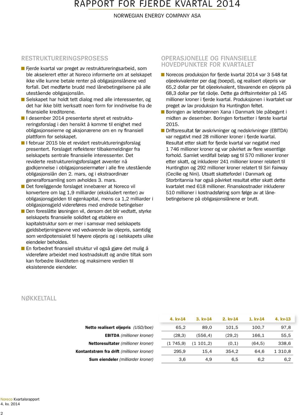 Selskapet har holdt tett dialog med alle interessenter, og det har ikke blitt iverksatt noen form for inndrivelse fra de finansielle kreditorene.