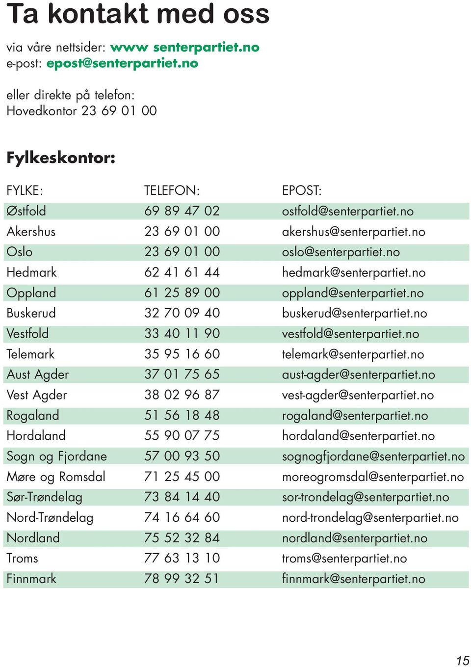 no Oslo 23 69 01 00 oslo@senterpartiet.no Hedmark 62 41 61 44 hedmark@senterpartiet.no Oppland 61 25 89 00 oppland@senterpartiet.no Buskerud 32 70 09 40 buskerud@senterpartiet.