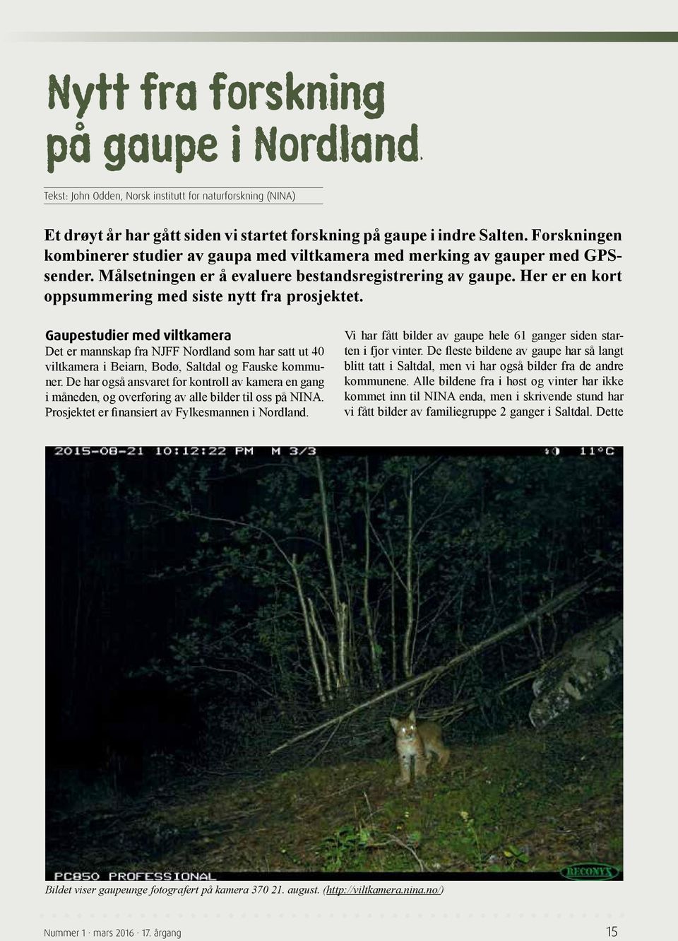 Her er en kort oppsummering med siste nytt fra prosjektet. Gaupestudier med viltkamera Det er mannskap fra NJFF Nordland som har satt ut 40 viltkamera i Beiarn, Bodø, Saltdal og Fauske kommuner.