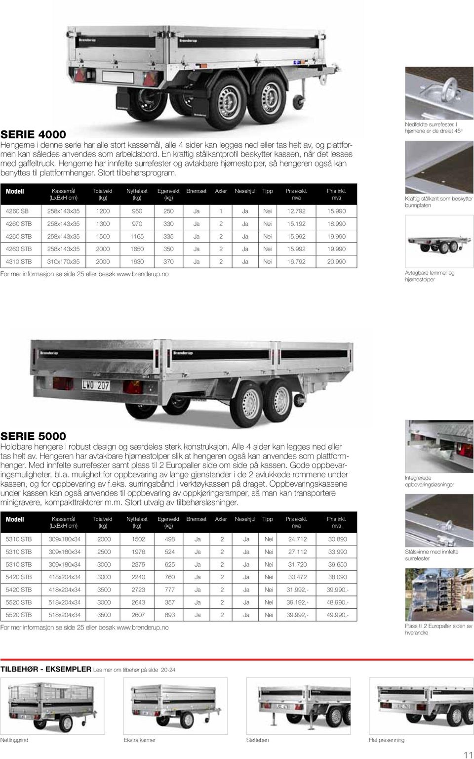 Stort tilbehørsprogram. Modell Kassemål (LxBxH cm) Totalvekt Nyttelast Egenvekt Bremset Axler Nesehjul Tipp Pris ekskl. Pris inkl. 4260 SB 258x143x35 1200 950 250 Ja 1 Ja Nei 12.792 15.