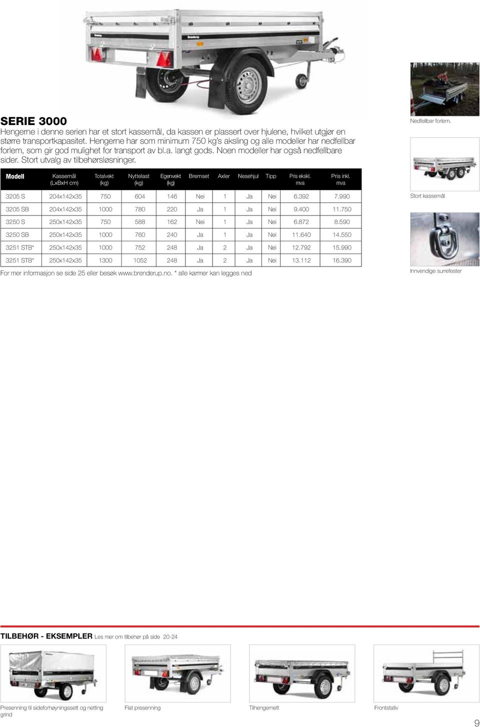 Stort utvalg av tilbehørsløsninger. Nedfellbar forlem. Modell Kassemål (LxBxH cm) Totalvekt Nyttelast Egenvekt Bremset Axler Nesehjul Tipp Pris ekskl. Pris inkl.
